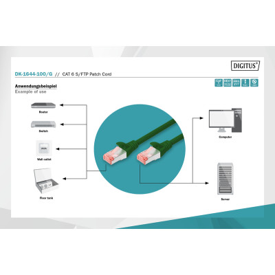 Digitus Патч-корд CAT 6 S-FTP, 10м, AWG 27/7, LSZH, зелений