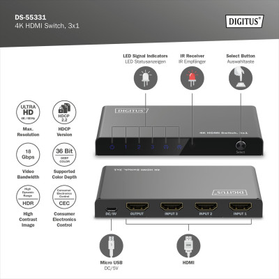 Digitus Відеокомутатор UHD HDMI (INx3 - OUTx1), 4K Digitus Відеокомутатор UHD HDMI (INx3 - OUTx1), 4K