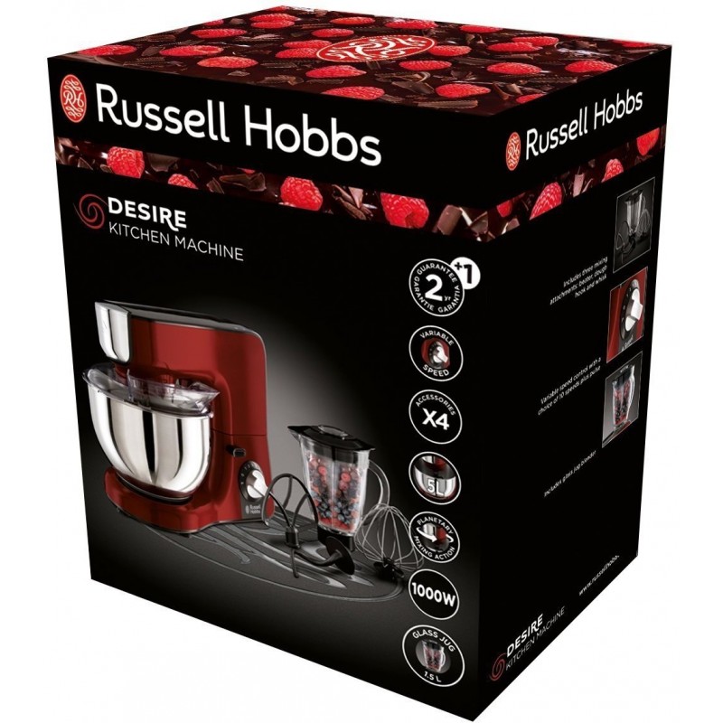 Russell Hobbs Кухонна машина Desire 1000Вт, чаша-метал, корпус-пластик, насадок-4, червоний