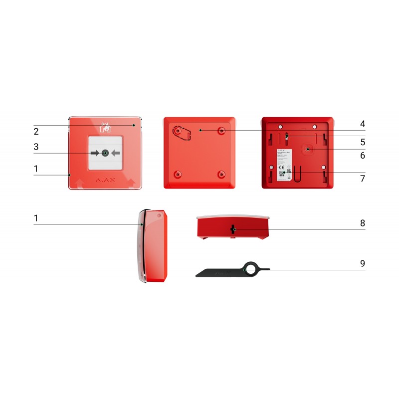 Ajax Бездротова настінна кнопка для активації пожежної тривоги вручну Manual Call Point, jeweller, бездротовий, червоний