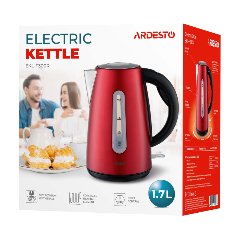 ARDESTO Електрочайник EKL-F300R 1.7л/2200Вт/strix контроль/нерж сталь/червоний