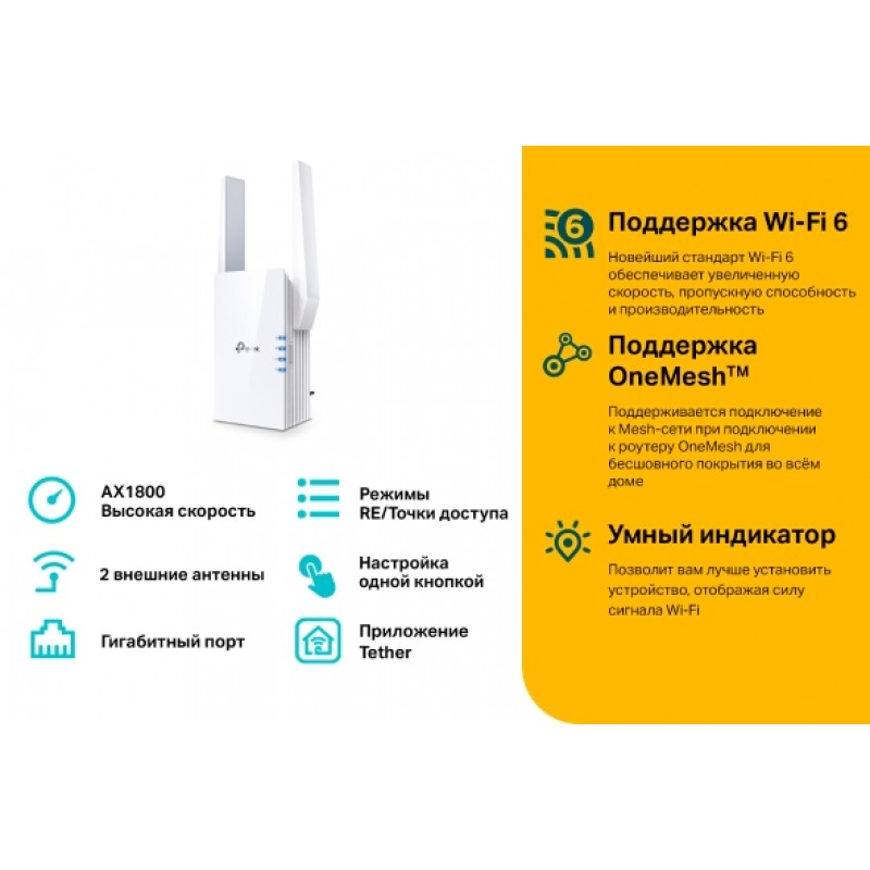 TP-Link Повторювач Wi-Fi сигналу RE605X AX1800 1хGE ext. ant x2 OneMesh