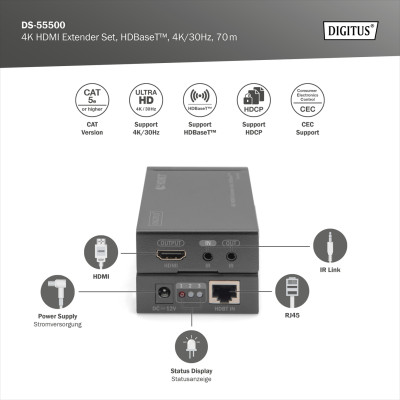 Digitus Набір подовжувачів HDMI, HDBaseT, UHD 4K*2K@30Гц, (Cat 5E, 6, 7), 70м