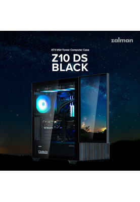 Zalman Корпус Z10 DS, без БР, 2xUSB3.0, 1хUSB Type-C, 2х120мм, 1x120мм ARGB, TG Side Panel, ATX, Monitor, чорний