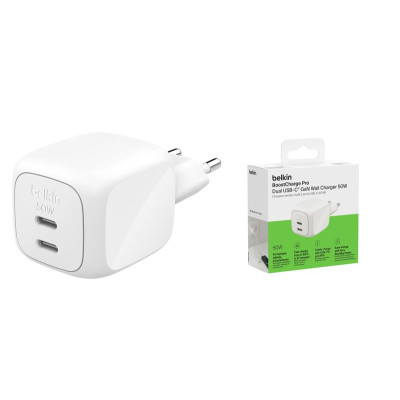 Belkin Зарядне пристрій мережевий Belkin 50Вт 2хUSB-С GAN PD PPS, білий Belkin Зарядне пристрій мережевий Belkin 50Вт 2хUSB-С GAN PD PPS, білий