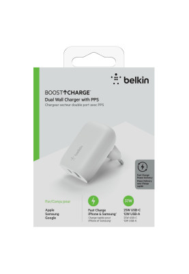 Belkin Зарядний пристрій мережевий 37Вт USB-C PD PPS 25Вт, USB-A 12Вт, білий