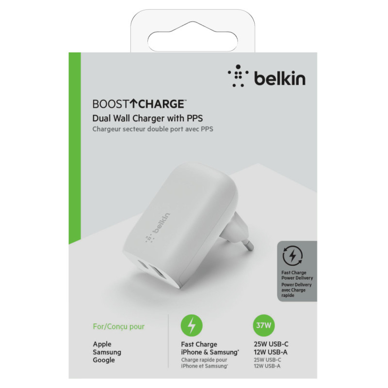 Belkin Зарядний пристрій мережевий 37Вт USB-C PD PPS 25Вт, USB-A 12Вт, білий