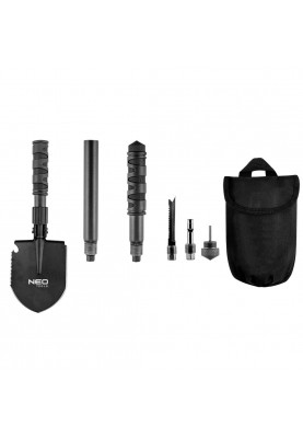 Neo Tools 63-122 Лопата туристична, 63см, 8в1, пила, кирка, відкривалка для пляшок, кремінь, багатофункціональний ніж, пробійник, свисток, чохол