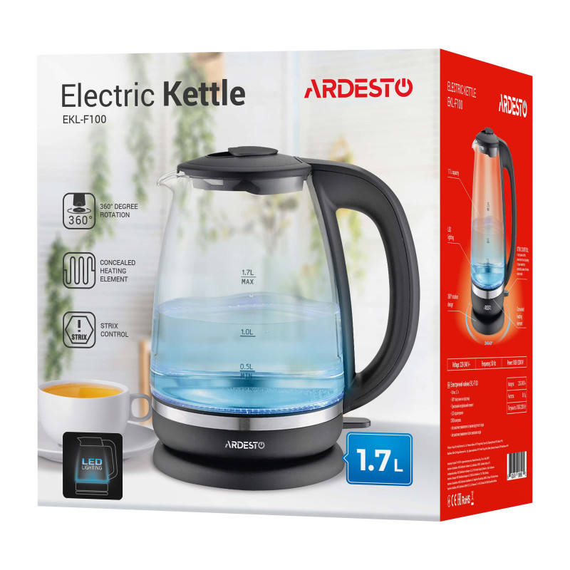 ARDESTO Електрочайник EKL-F100 1.7л/2150Вт/strix контроль/корпус скло/чорний