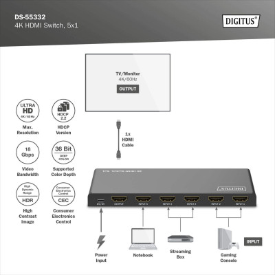 Digitus Відеокомутатор DIGITUS UHD HDMI (INx5 - OUTx1), 4K Digitus Відеокомутатор DIGITUS UHD HDMI (INx5 - OUTx1), 4K