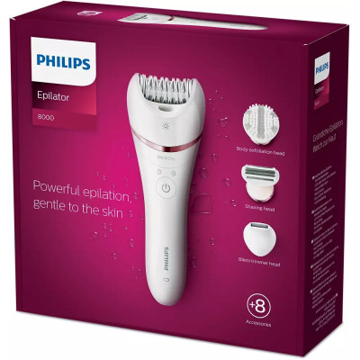 Philips Епілятор 8000 series дисковий, акумул., пінцет.-32, волог.+сух., насадок-7, футляр, білий