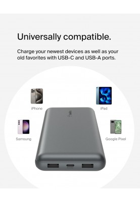 Belkin Акумулятор портативний літій-іонний Power Bank 20000мА·год, 15Вт, 2хUSB-A/USB-C, cірий