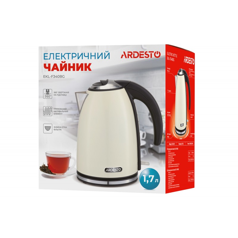 ARDESTO Електрочайник EEKL-F340BG 1.7л/2200Вт/strix контроль/нерж. сталь/бежевий