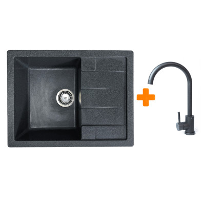 Adamant Набір кухонний Anila, штучний камінь, прямокутний, з крилом, 645х495х200мм, чаша - 1, врізна, графіт + змішувач