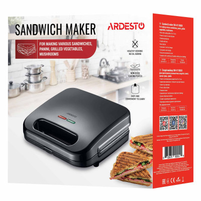 ARDESTO Сендвічмейкер 700Вт, 1 пластина-гриль, корпус-пластик, чорний
