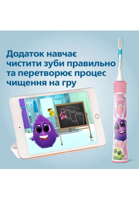 Philips Щітка зубна електр., Sonicare For Kids, для дітей, 62т. колив/хв, насадок-2, Bluetooth, рожевий