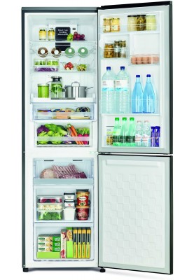 Hitachi Холодильник з нижн. мороз., 190x60х65, холод.відд.-215л, мороз.відд.-115л, 2дв., А++, NF, інв., зона нульова, чорний (скло)