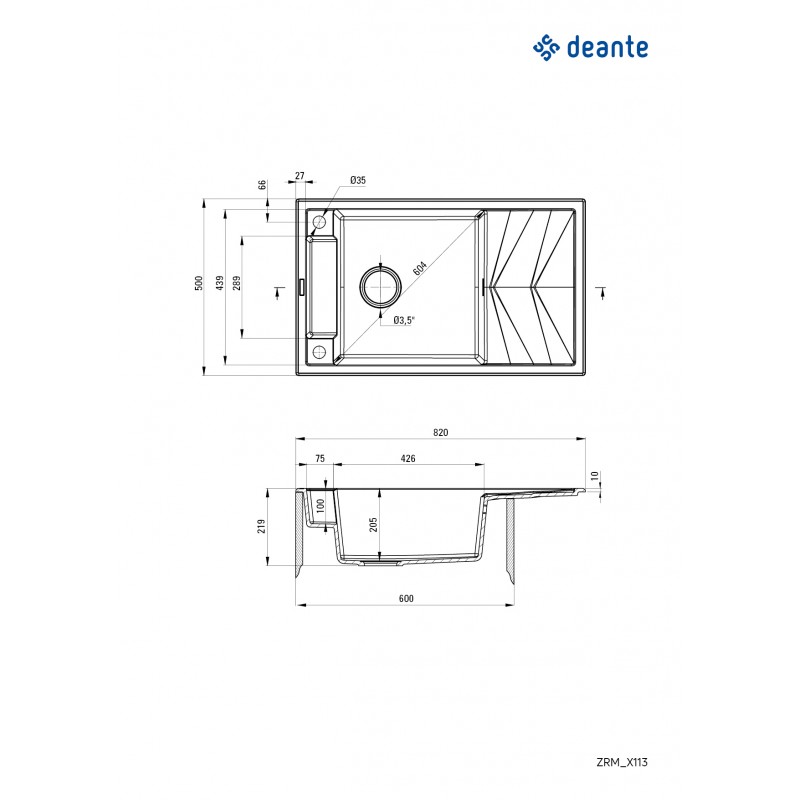 Deante Мийка кухонна Magnetic, граніт, прямокут., з крилом, 820х500х219мм, чаша - 1, накладна, алебастр