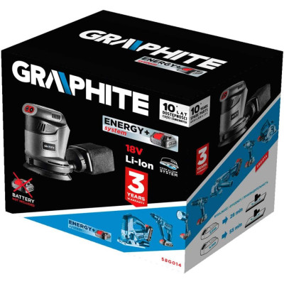 Graphite Шліфмашина ексцентрикова акумуляторна Energy + 125мм 18В 9000об·хв 1.1кг без АКБ та ЗП Graphite Шліфмашина ексцентрикова акумуляторна Energy + 125мм 18В 9000об·хв 1.1кг без АКБ та ЗП