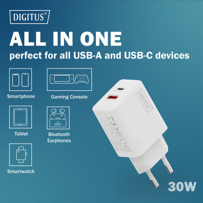 Digitus Зарядний пристрій GaN 1хUSB-C, 1хUSB-A, 30W