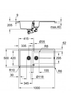 Grohe Мийка кухонна K400, граніт, прямокут., з крилом, 1000x500x205мм, чаша - 2, врізна, сірий граніт