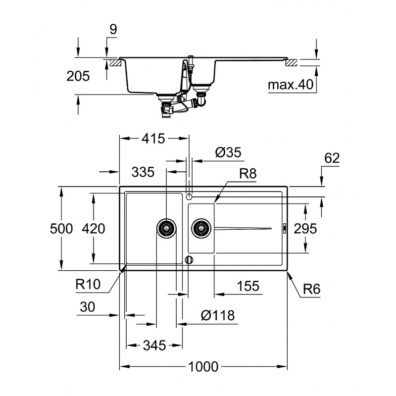 Grohe Мийка кухонна K400, граніт, прямокут., з крилом, 1000x500x205мм, чаша - 2, врізна, сірий граніт