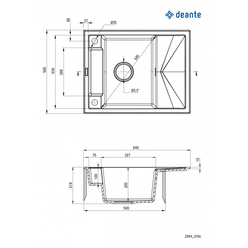 Deante Мийка кухонна Magnetic, граніт, прямокут., с крылом, 640х500х219мм, чаша - 1, врізна, антрацит