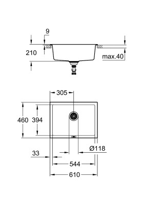 Grohe Мийка кухонная K700U кварц. композит, прямокут., без крил, 610х460х210мм, чаша - 1, врізна, чорний граніт