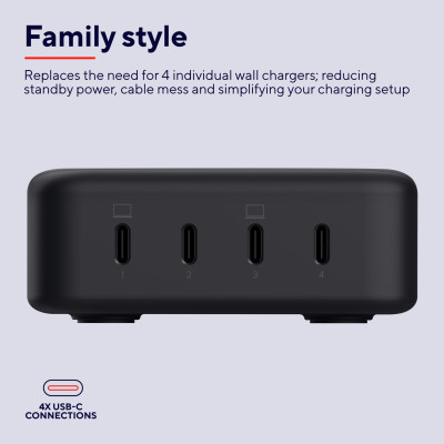 Trust Зарядне пристрій мережевий Maxo 240Вт, GaN, 4xUSB-C, PD, чорний