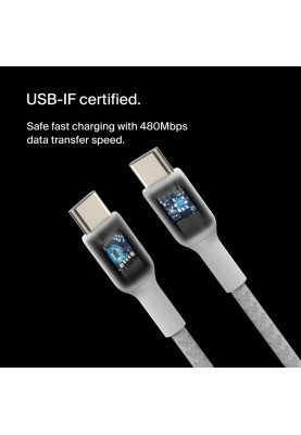 Belkin Кабель USB-C > USB-C заряджання/синхронізації 2м, 60Вт, Type-C, плетен, білий