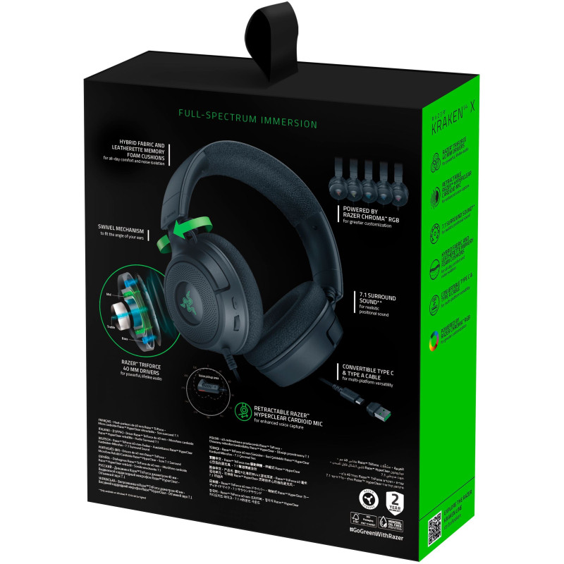 Razer Гарнітура ігрова Kraken V4 X, 7.1, USB-A, 1.8м, RGB, чорний