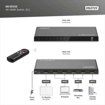 Digitus Відеокомутатор DIGITUS UHD HDMI (INx5 - OUTx1), 4K Digitus Відеокомутатор DIGITUS UHD HDMI (INx5 - OUTx1), 4K