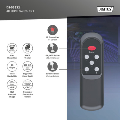 Digitus Відеокомутатор DIGITUS UHD HDMI (INx5 - OUTx1), 4K Digitus Відеокомутатор DIGITUS UHD HDMI (INx5 - OUTx1), 4K