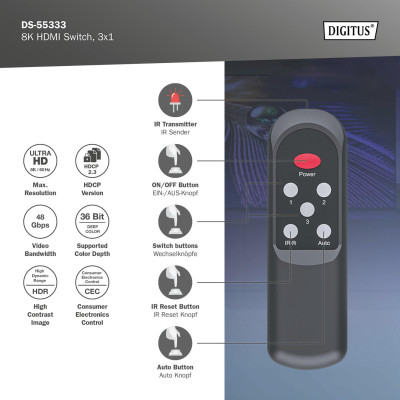 Digitus 3x1 HDMI Switch, 8K/60Hz (4:4:4), HDR, HDCP 2.3