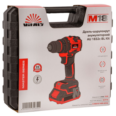 Vitals Шурупокрут-дриля акумуляторна Master AU 1832c BL Kit 18В акб 1х2А·рік 32Нм 400·1400об/хв кейс 2.2кг Vitals Шурупокрут-дриля акумуляторна Master AU 1832c BL Kit 18В акб 1х2А·рік 32Нм 400·1400об/хв кейс 2.2кг