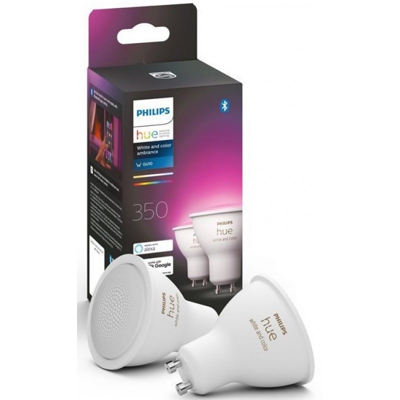 Philips Hue Лампа розумна GU10, 5.7W(50Вт), 2000K-6500K, RGB, ZigBee, Bluetooth, димування, 2шт