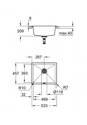 Grohe Мийка кухонная K700U, граніт, прямокут., без крил, 533x457x205мм, чаша - 1, врізна/під стільницю, чорний граніт