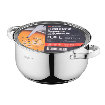 ARDESTO Кастрюля Gemini Gourmet, скляна кришка, 3.8 л, нержавіюча сталь