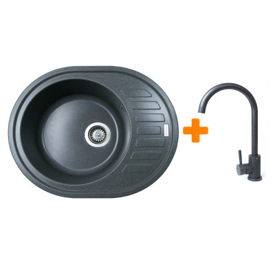 Adamant Мийка кухонная Ovum, штучний камінь, овальна, з крилом, 615х495х200мм, чаша - 1, врізна, графіт + змішувач