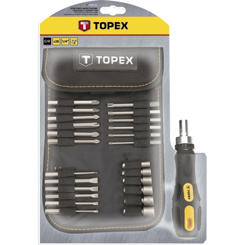 Topex Біти, набір 26шт, 1/4", бітотримач, торцеві головки 6шт, SL,PH,PZ,T, CrV