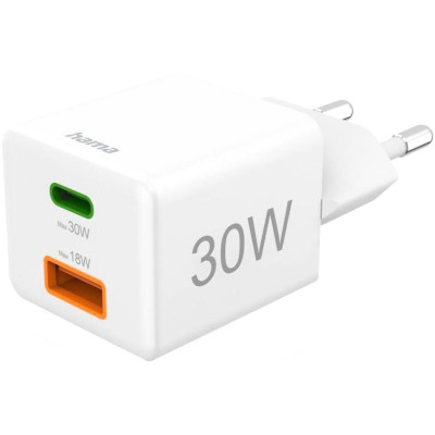 HAMA Зарядний пристрій мережевий 30Вт USB-С/USB-A, PD/QC, білий