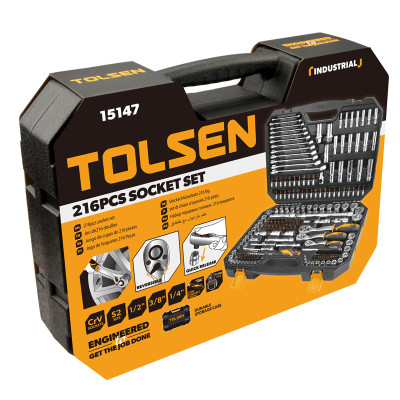 Tolsen Набір інструментів, 216шт, 1/2", 1/4", 3/8", комбіновані ключі, торцеві головки, біти, CrV, кейс