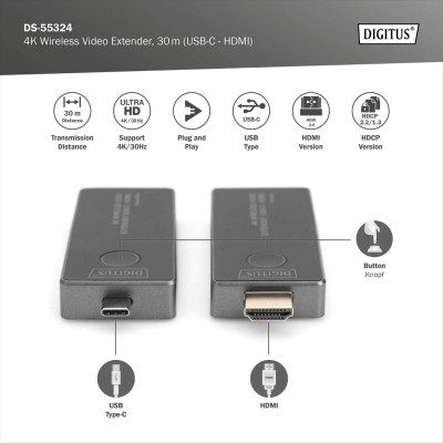Digitus Бездротовий подовжувач USB-C > HDMI, 4K UHD, 30 м