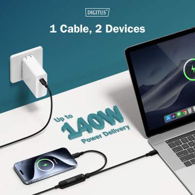 Digitus Кабель DIGITUS USB-C > 2xUSB-C заряджання/синхронізації, USB 2.0, 140W, 1.8м, чорний