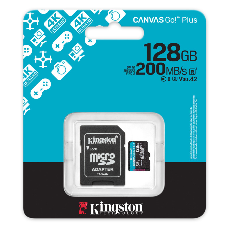 Kingston Карта пам'яті microSD 128GB C10 UHS-I U3 A2 V30 R200MB/s + SD