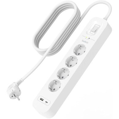 Belkin Подовжувач-фільтр мережевий 4хТип F, 3x1.5мм кв, 16А, USB-A/USB-C 18Вт, з захистом від перенапруги, 2м, білий