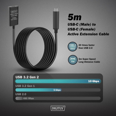 Digitus Подовжувач DIGITUS USB 3.2 Gen2 Active Cable 10G, C/M-C/F, 5м, чорний