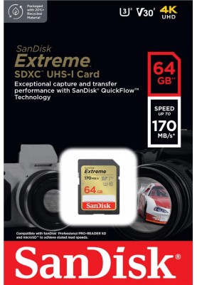 SanDisk Карта пам'яті SD 64GB C10 UHS-I U3 R170/W80MB/s Extreme V30