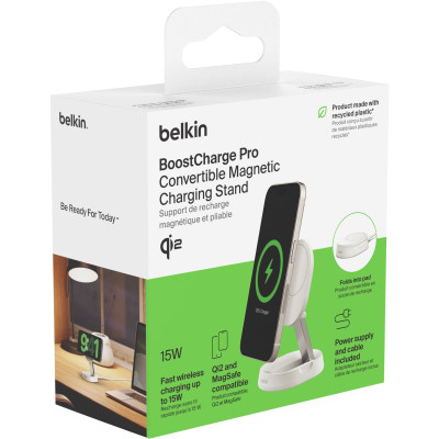 Belkin Зарядний пристрій бездротовий 15Вт Magnetic Stand Qi2, адаптер 20Вт USB-C, білий