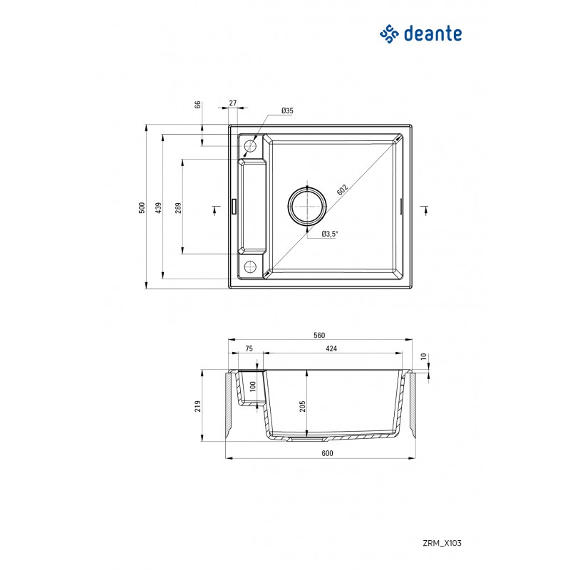 Deante Мийка кухонна Magnetic, граніт, квадрат, без крила, 560х500х219мм, чаша - 1, врізна, антрацит